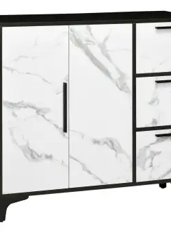 Dulap Depozitare HOMCOM Efect Marmură, Negru-Alb, 2 Uși, 3 Sertare, MDF și Oțel, Modern | Aosom Romania
