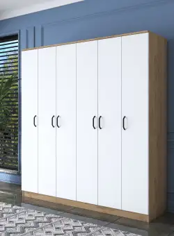 Dulap Haine Gustavo 6 usi, Alb - Nuc, 180 x 191 x 47 cm