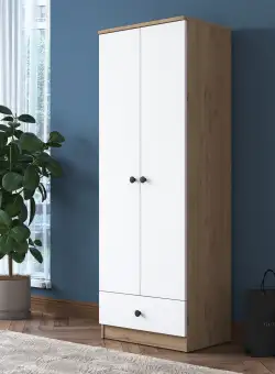Dulap Haine Saric cu 2 usi si un sertar, Alb - Stejar, 60 x 170 x 43 cm