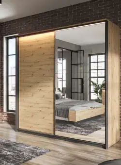 Dulap Vant Cu Led Cu 2 Usi Glisante, Stejar Artizan Si Negru, 221 Cm