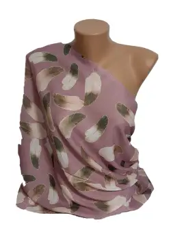 Esarfa Dama . Imprimeu Pene Colorate, Dreptunghiulara, Bumbac si Vascoza, 180x68cm, Mov