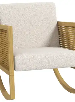 Fotoliu Balansoar Tapitat cu Baza din Lemn, Decoratiune din Rachita Naturala si Sezut Captusit cu Bumbac Poliesteric, Gri Deschis HOMCOM | Aosom RO