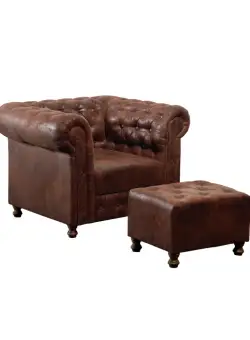 Fotoliu CHESTERFIELD cu taburet si arcuri, maro inchis, 105x90x80 cm