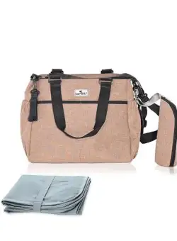 Geanta pentru accesoriile bebelusului Maya, 9 compartimente, cu bretea pentru umar, compartiment izoterm detasabil, Beige