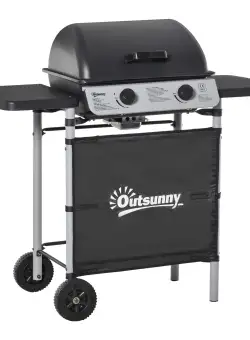 Gratar pe gaz cu Capac si 2 Arzatoare Outsunny, 5,6 kW, Otel, Roti si Rafturi, 104x49x99cm Negru | AOSOM RO