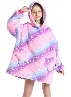 Hanorac patura cu gluga si maneci, insertii fosforescente, calduros si pufos, buzunar spatios, model unicorni si stelute