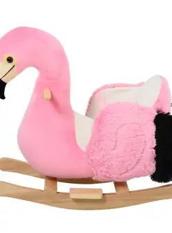 HOMCOM Balansoar Flamingo pentru Copii, Leagăn Moale din Pluș pe Structură de Lemn, Jucărie Interactivă 60x33x52cm Roz | Aosom Romania