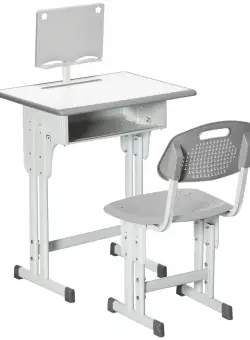HOMCOM Birou de scoala cu scaun pentru copii 6-12 ani reglabil pe inaltime, pupitru si suport pentru stilou, otel si MDF, gri | AOSOM RO