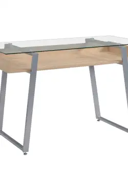 HOMCOM Birou Masa picioare in forma de X suprafata de sticla design modern pentru domiciliu birou stejar 120 x 60 x 74.5cm