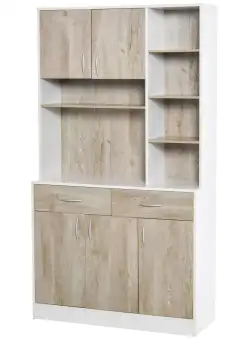 HOMCOM Bufet de Bucătărie Spațios, Dulap cu Sertare și Uși, Design Modern, 100x39x180 cm, Alb și Lemn Natural | Aosom Romania