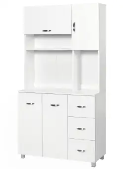 Homcom Bufet Înalt pentru Bucătărie, Dulap cu Sertare și Dulapioare, Rafturi Deschise pentru Microunde, 100x39.5x183.5cm, Alb | Aosom Romania