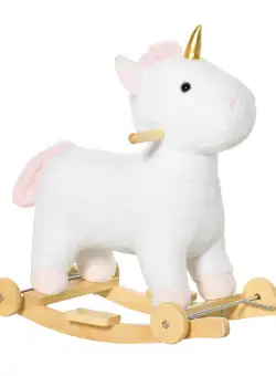 HOMCOM Cal tip Balansoar 2 in 1 Unicorn Leagan cu Baza Curbata si Roti, Sunete Integrate si Invelis de Plus, jucarie 63x38x63cm, Alb | AOSOM RO