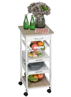 HOMCOM Carucior Bucatarie 4 Roti Sertar Cos Sarmă Tavite Detasabile Etajera Lemn Pin 37x37x82cm Alb | Aosom Romania