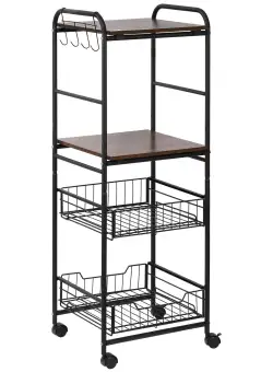 HOMCOM Cărucior Bucătărie cu 2 Coșuri Metalice Detașabile, Rafturi PAL, Cârlige Laterale, 40x38x111cm, Nuc | Aosom Romania