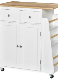 HOMCOM Cărucior Bucătărie cu 3 Niveluri, 2 Sertare Culisante, 4 Roți, Raft Reglabil, Design Modern, Alb și Lemn Natural, 89x45x89cm | Aosom Romania