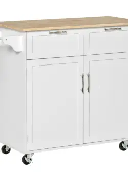 HOMCOM Cărucior Bucătărie Multifuncțional cu 2 Sertare, Dulap și 4 Roți, Spațiu Depozitare Generos, 104x46x91cm, Alb | Aosom Romania