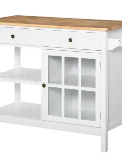 HOMCOM Carucior de Bucatarie din Lemn pentru Alimente si Ustensile, 2 Roti, Sertare si Polite, Multifunctional, Alb, 116,5x48x86,5cm | Aosom RO