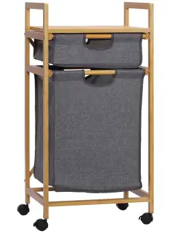 HOMCOM Coș de Rufe Elegant din Bambus cu 2 Saci Detașabili și Raft Deschis Design Compact pentru Baie sau Dormitor | Aosom Romania