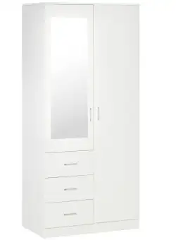 HOMCOM Dulap Garderobă Modern cu Oglindă și 3 Sertare, Rafturi Reglabile, Bară Umerașe, 80x50x180cm, Alb | Aosom Romania