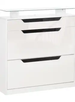 HOMCOM Dulapuri pentru pantofi Modern, 2 Sertare pentru 16 Perechi de Pantofi cu Etajera Reglabila si Raft din Sticla, 89x23x96cm, Alb Lucios