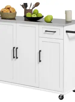 HOMCOM Insulă de Bucătărie Rulantă cu Depozitare, Sertar, 3 Dulapuri, Blat din Oțel Inoxidabil, Design Versatil, Alb | Aosom Romania