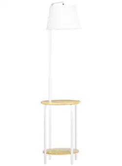 HOMCOM Lampa moderna de podea cu rafturi, cu masuta dubla din bambus, abajur din material textil, tonuri naturale | AOSOM RO