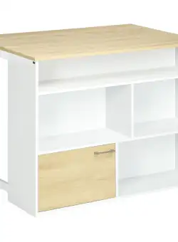 HOMCOM Masă de Bar Extensibilă Modernă din MDF, 4 Rafturi, Dulapior, Picioare Antiderapante, 116x79.5x91cm, Alb/Lemn | Aosom Romania