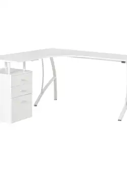 HOMCOM Masa de birou de colt cu sertar, masa de birou oficiu suport PC din lemn si metal, alb, 143,5x143,5x76cm