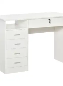 HOMCOM Masa de Birou din Lemn cu Compartiment Deschis, 5 Sertare și Decupaj pentru Cabluri, 110x50x76cm, Alb | Aosom Romania