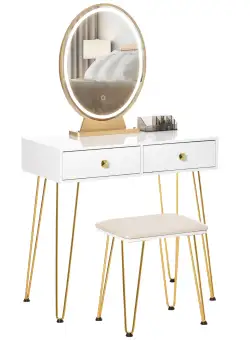 HOMCOM Masa de toaleta cu Oglinda Lumini tip LED in Stil Industrial, Masa de Machiaj cu Taburet, Mobilier de Toaleta cu Comutator Tactil, Alb