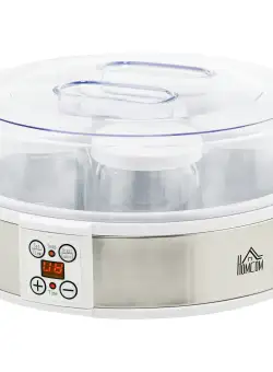 HOMCOM Mașină de Făcut Iaurt cu 7 Borcane Sticlă 180ml Cronometru Termostat Ajustabil Afisaj LED Deserturi Casnice | Aosom Romania
