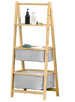 HOMCOM Raft Compact pentru Baie, 3 Console din Bambus, Pliabil, cu 2 Sertare Gri, Economisește Spațiu | Aosom Romania