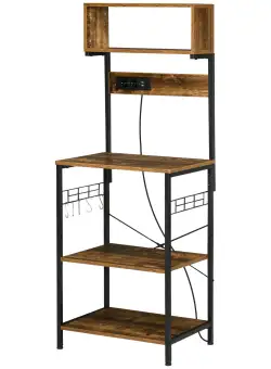 HOMCOM Raft de Bucatarie cu Prize Mutiple, Dulap Bucatarie pentru Microunde cu Rafturi si Manere din Sarma Stil Industrial, 90x42x130cm, Maro