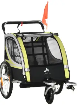 HOMCOM Remorca pentru bicicleta pentru copii 2 in 1, centura in 5 puncte, geanta de depozitare, reflector, steag, galben | Aosom Ro