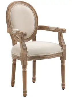 HOMCOM Scaun de Sufragerie din Lemn, Scaun Capitonat pentru Salon cu Brate in Stil Clasic cu Tapiterie din Material Textil, Alb Crem
