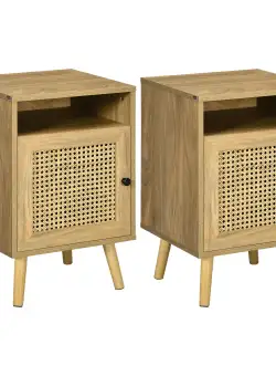 HOMCOM Set 2 Noptiere Moderne cu Dulap și Raft Deschis PAL Ratan MDF pentru Dormitor și Living 39x35x60 cm | Aosom Romania