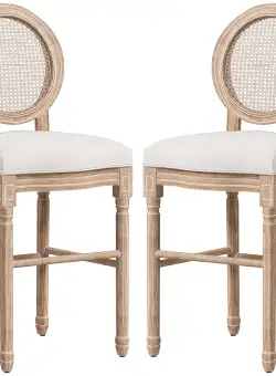 HOMCOM Set 2 Scaune de Bar Stil Franțuzesc, Tapițate cu Lin și Spătar din Ratan, pentru Bucătărie, 48x56x118 cm, Alb Cremos | Aosom Romania
