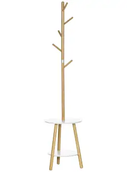 HOMCOM Set Cuier și Măsuță de Cafea Rotundă, pentru Hol, din MDF și Aluminiu, 39,5x39,5x171 cm, Culoare Lemn și Alb | Aosom Romania