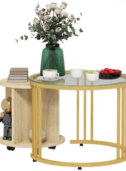 HOMCOM Set de 2 Mese de Cafea Rotunde, din Sticla, Noptiera pe Roti cu 4 Rafturi de Depozitare, Mese Laterale Moderne, Auriu, Stejar | Aosom RO