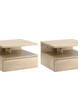 HOMCOM Set de 2 Noptiere Moderne Suspendate pentru Dormitor cu Sertar si Polita Superioara din Lemn 35x32x22.5cm, Stejar