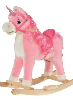 HOMCOM Unicorn Balansoar pentru Copii 36-72 Luni, Jucărie Interactivă cu Sunete din Lemn și Pluș Roz, 74x33x62cm | Aosom Romania