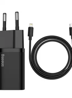 Incarcator de retea rapid BASEUS Super Si 1C 20W cablu USB-C pentru Lightning 1m (negru) TZCCSUP-B01