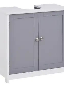 Kleankin Dulap Sub Chiuvetă Baie U-Shape 2 Uși Etajeră Reglabilă MDF Alb Gri 60x30x60cm | Aosom Romania