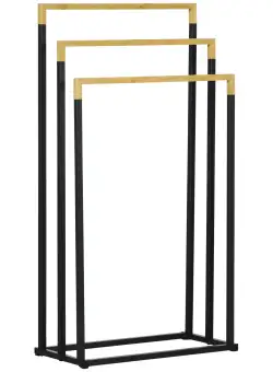 kleankin Suport pentru Prosoape cu 3 Bare din Bambus și Oțel, Design Autoportant, 45x22.5x86 cm, Negru și Lemn Natur | Aosom Romania