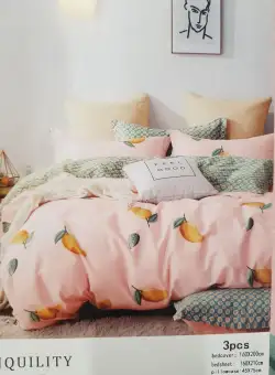 Lenjerie de Pat pentru 1 Persoana din Bumbac tip Finet, cu Imprimeu, 3 Piese 160x210/160x200/45x75, Roz