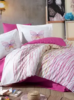 Lenjerie pat Eldora, 2 persoane, 4 piese, Alb/Fucsia/Roz/Galben, poplin 100% bumbac