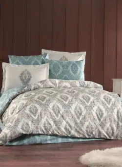 Lenjerie pat Retro, 2 persoane, 4 piese, Verde Mint/Crem, poplin 100% bumbac