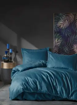 Lenjerie pat Stripe, 2 persoane, 4 piese, Albastru, 100% bumbac satinat