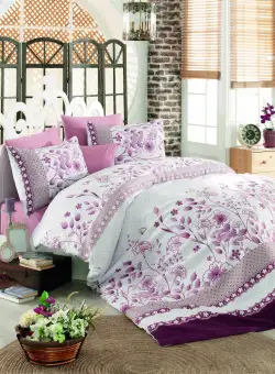 Lenjerie pat Sudenaz, 2 persoane, 3 piese, Roz/Alb/Maro, ranforce 100% bumbac