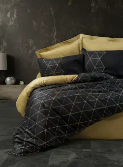 Lenjerie pat Veta, 2 persoane, 4 piese, Auriu/Negru, ranforce 100% bumbac